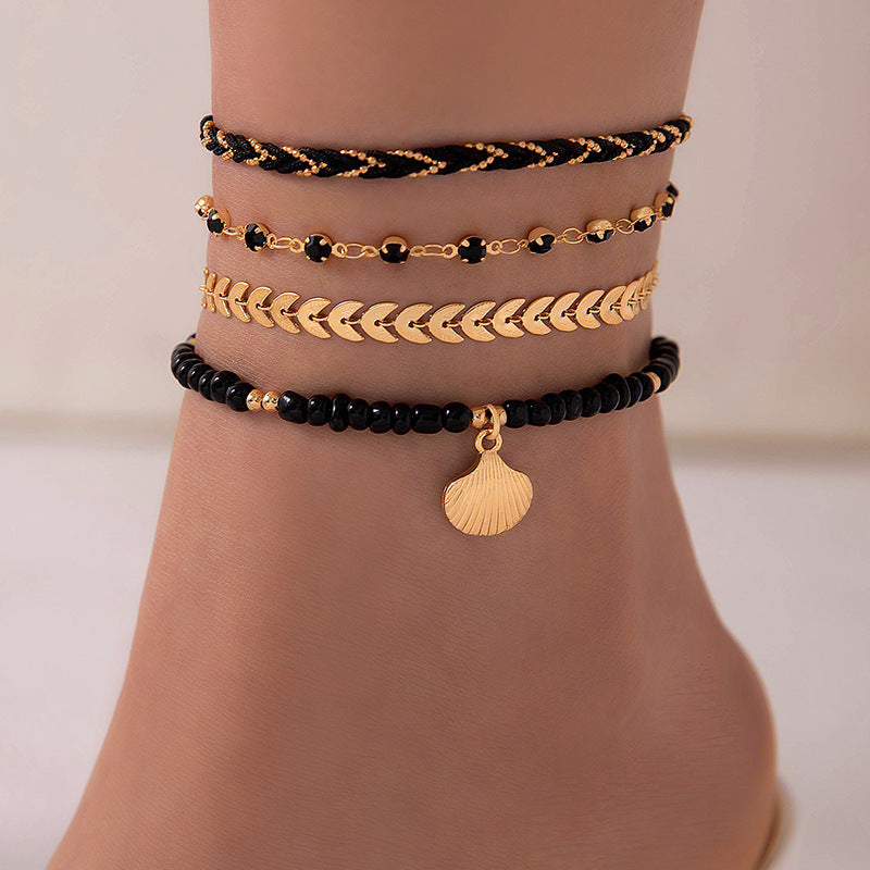 4-Piece Anklet Set – Woven Rope, Black Beads & Geometric Design
