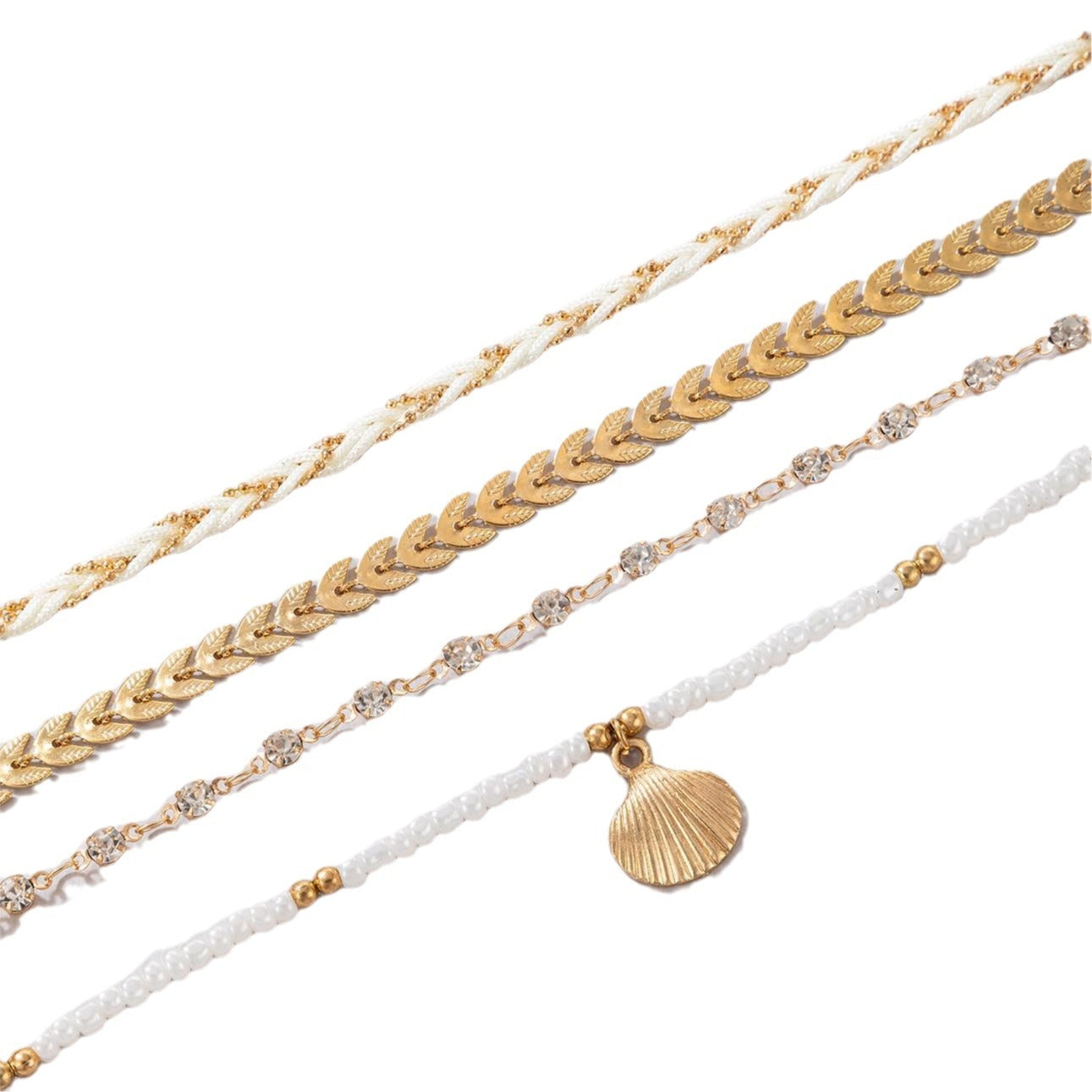 4-Piece Anklet Set – Woven Rope, Black Beads & Geometric Design
