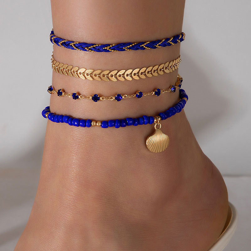 4-Piece Anklet Set – Woven Rope, Black Beads & Geometric Design