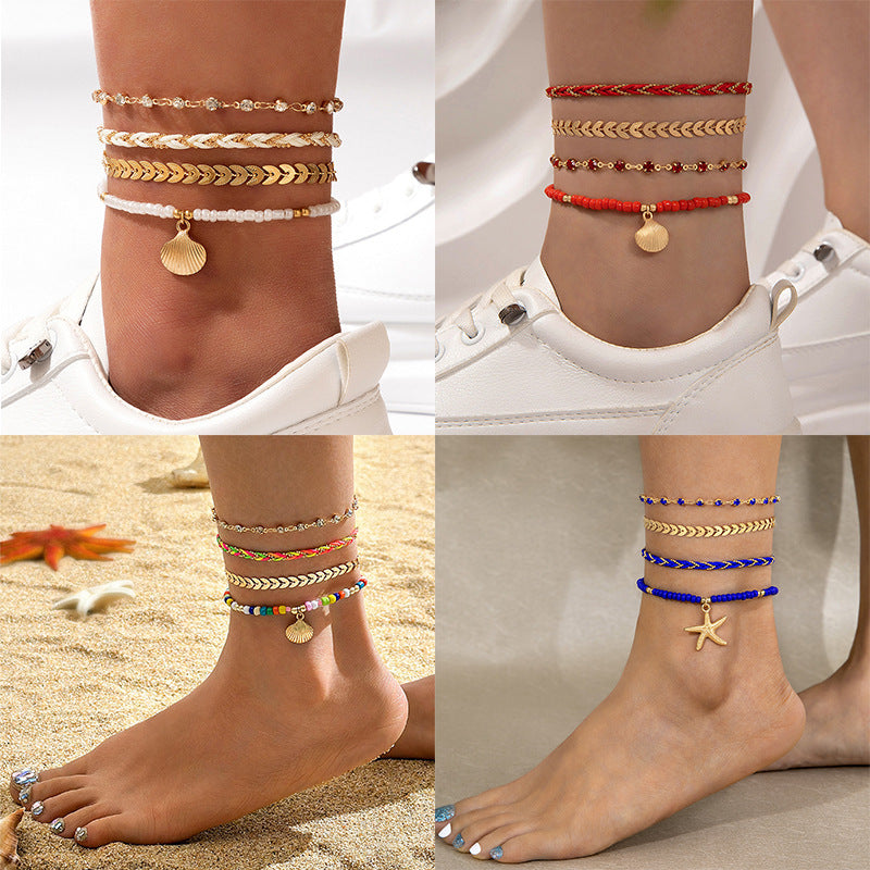 4-Piece Anklet Set – Woven Rope, Black Beads & Geometric Design