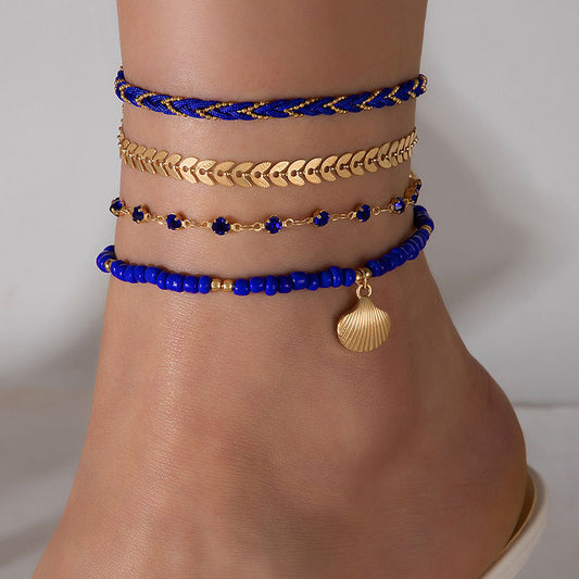 4-Piece Anklet Set – Woven Rope, Black Beads & Geometric Design